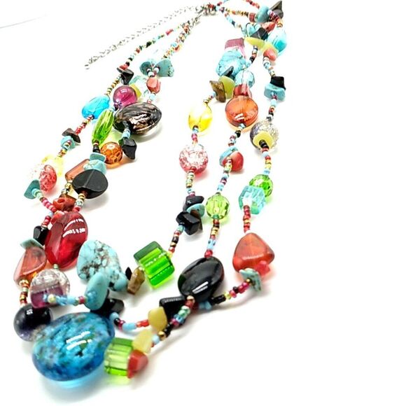 Triple Strand Turquoise Stone and Multicolor Glass Acrylic & Seed Bead Necklace - Picture 8 of 11